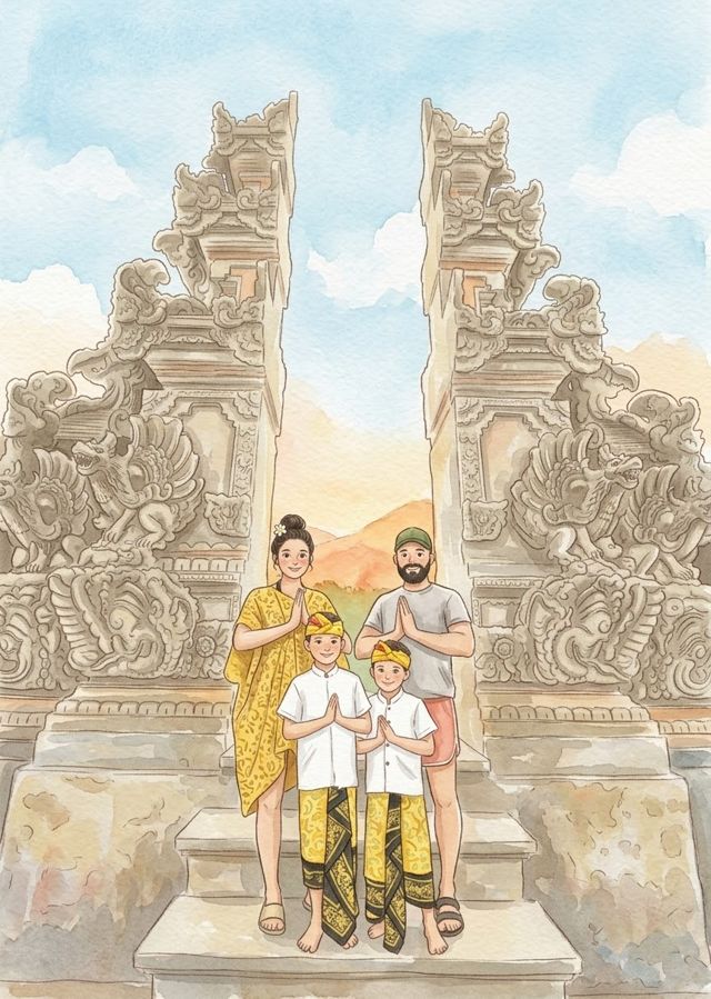 Cover illustration: a family at a temple gate