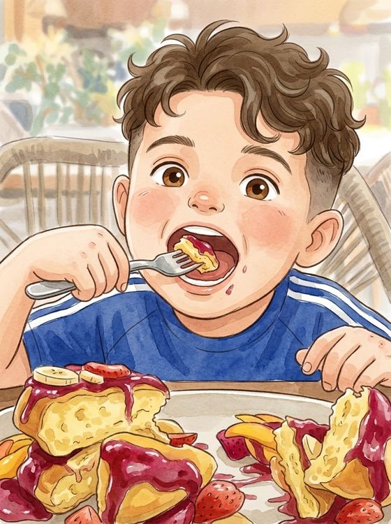 The same moment painted as a picture book page