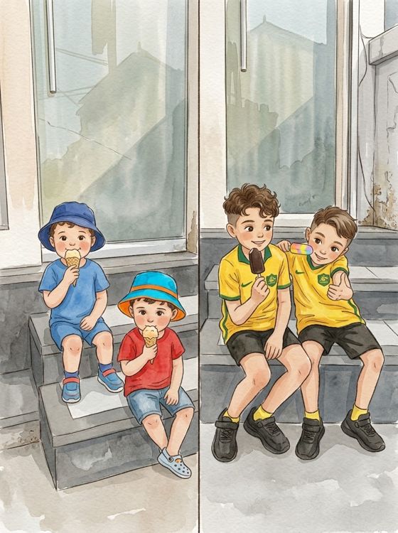 Illustration: the twins as toddlers and again years later, eating ice cream on the same shop steps