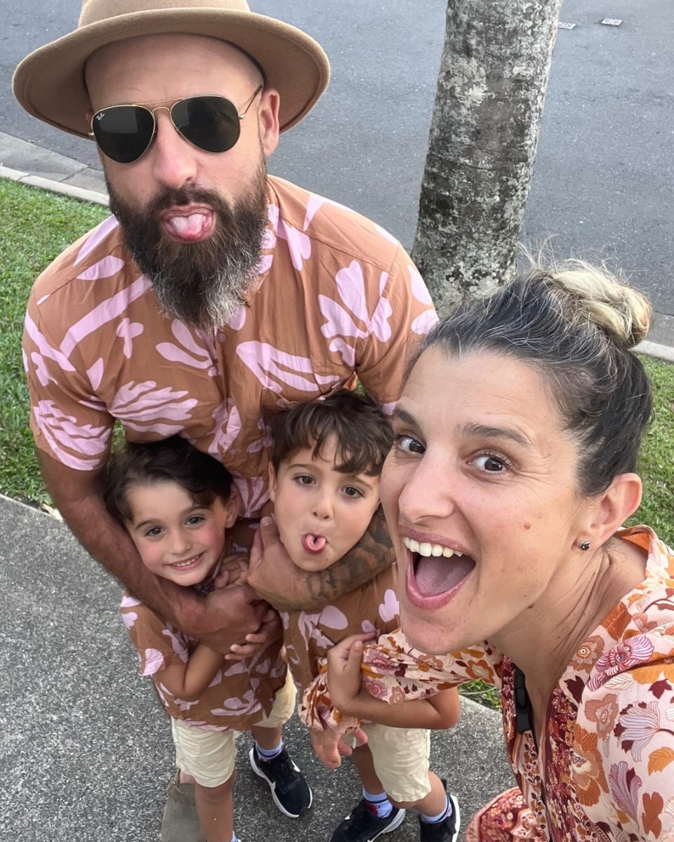 Family selfie — matching outfits, big smiles