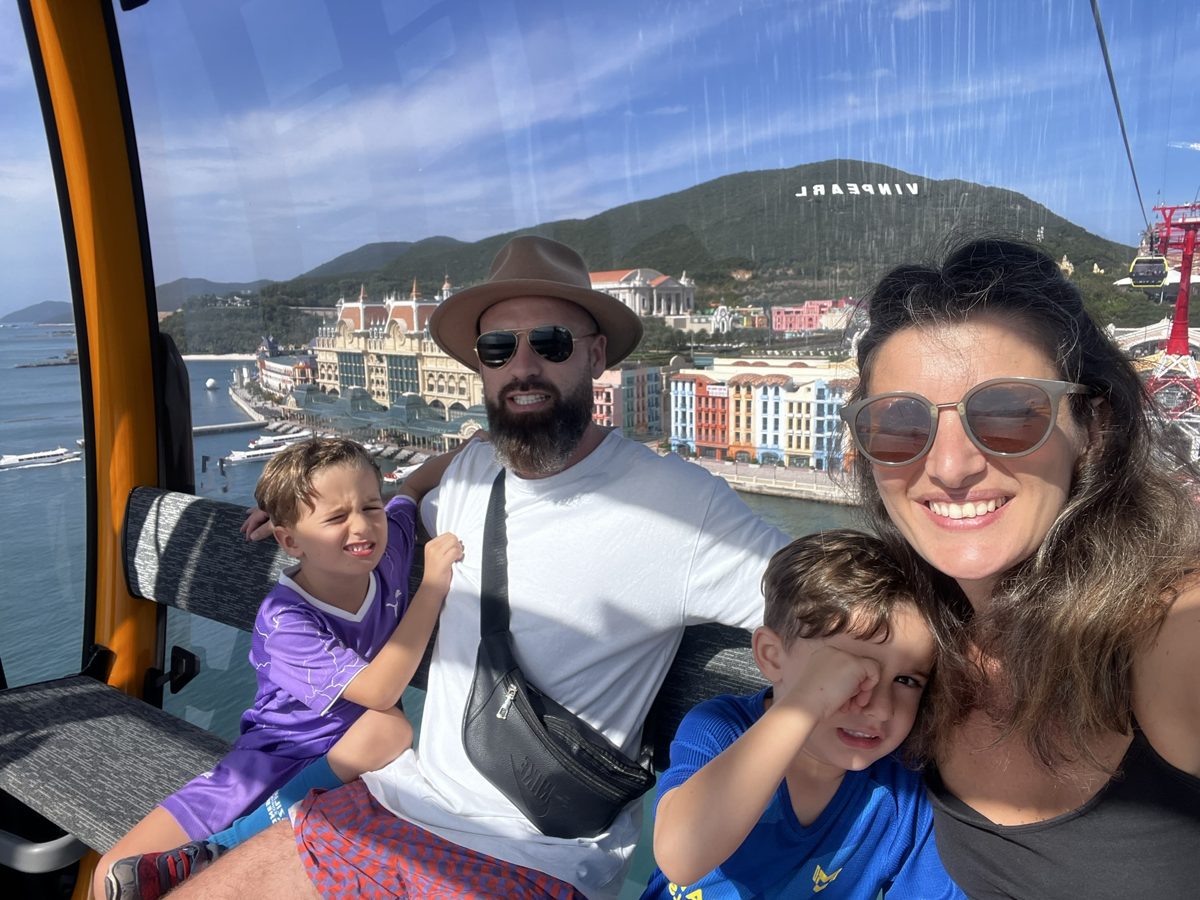 Anna, Andy, Cody and Ryan on a cable car during their Southeast Asia trip